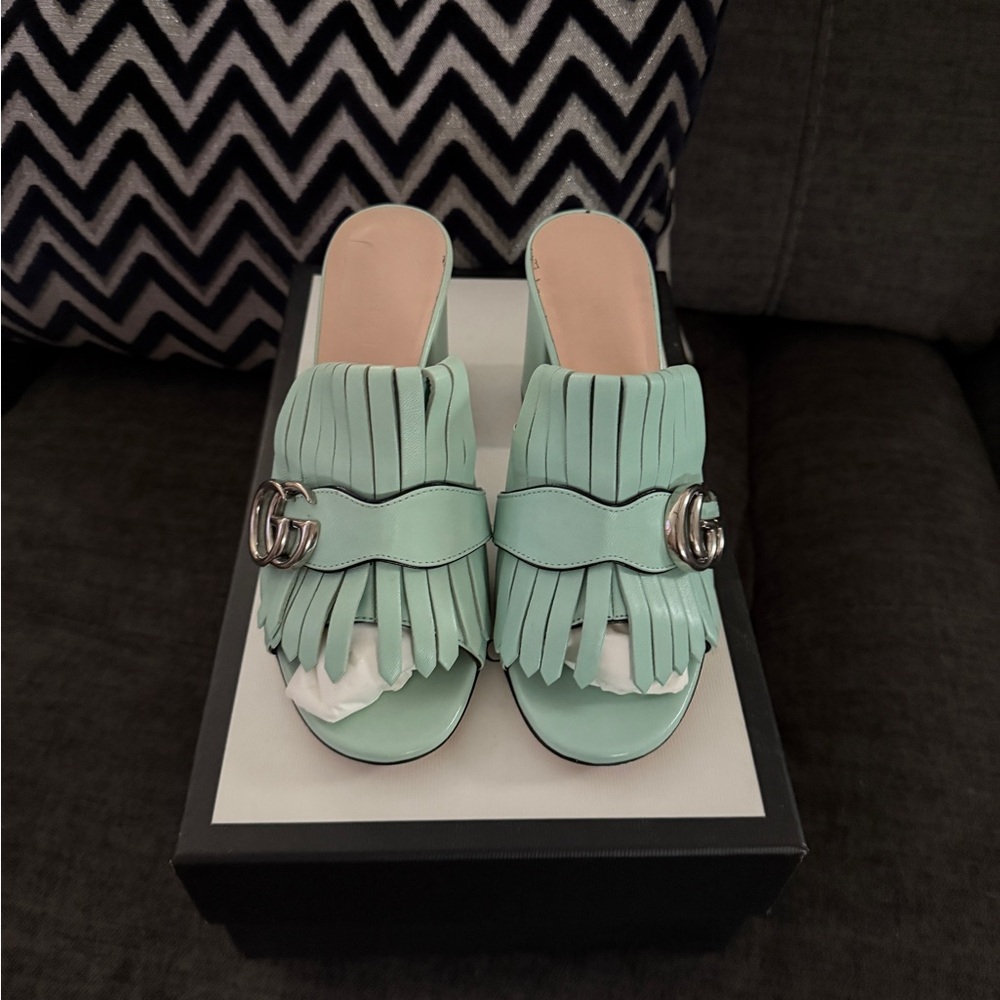 Mint Green Fringe Slide Sandals